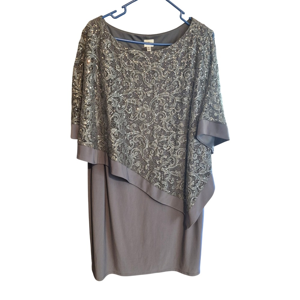 Dressbarn Sequin Lace Popover Dress Womens 18 Plus Size Grey Cocktail Wedding